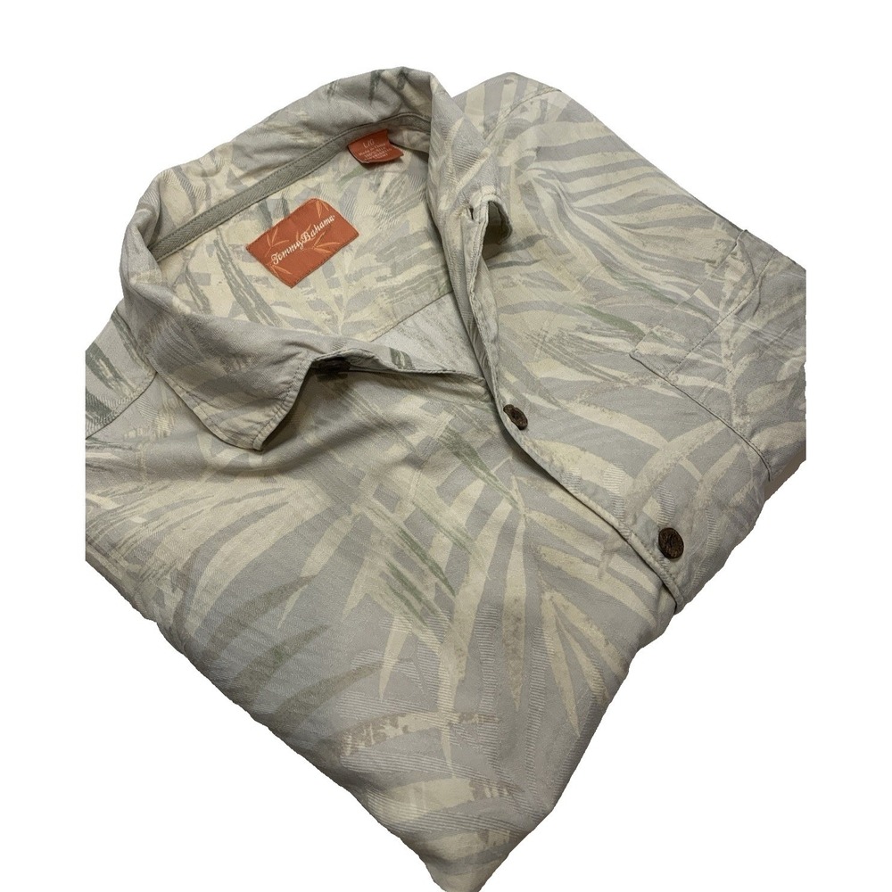 Tommy Bahama L 100% Silk Short Sleeve Button Up Shirt Beige Camp Beach
